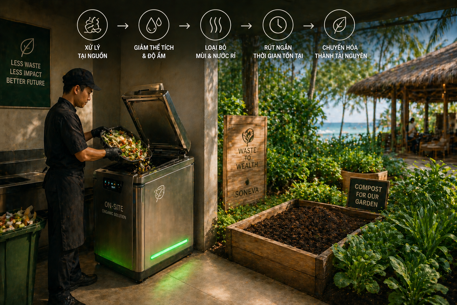 Xử lý food waste tại chỗ và chuyển hóa thành phân hữu cơ trong mô hình resort bền vững