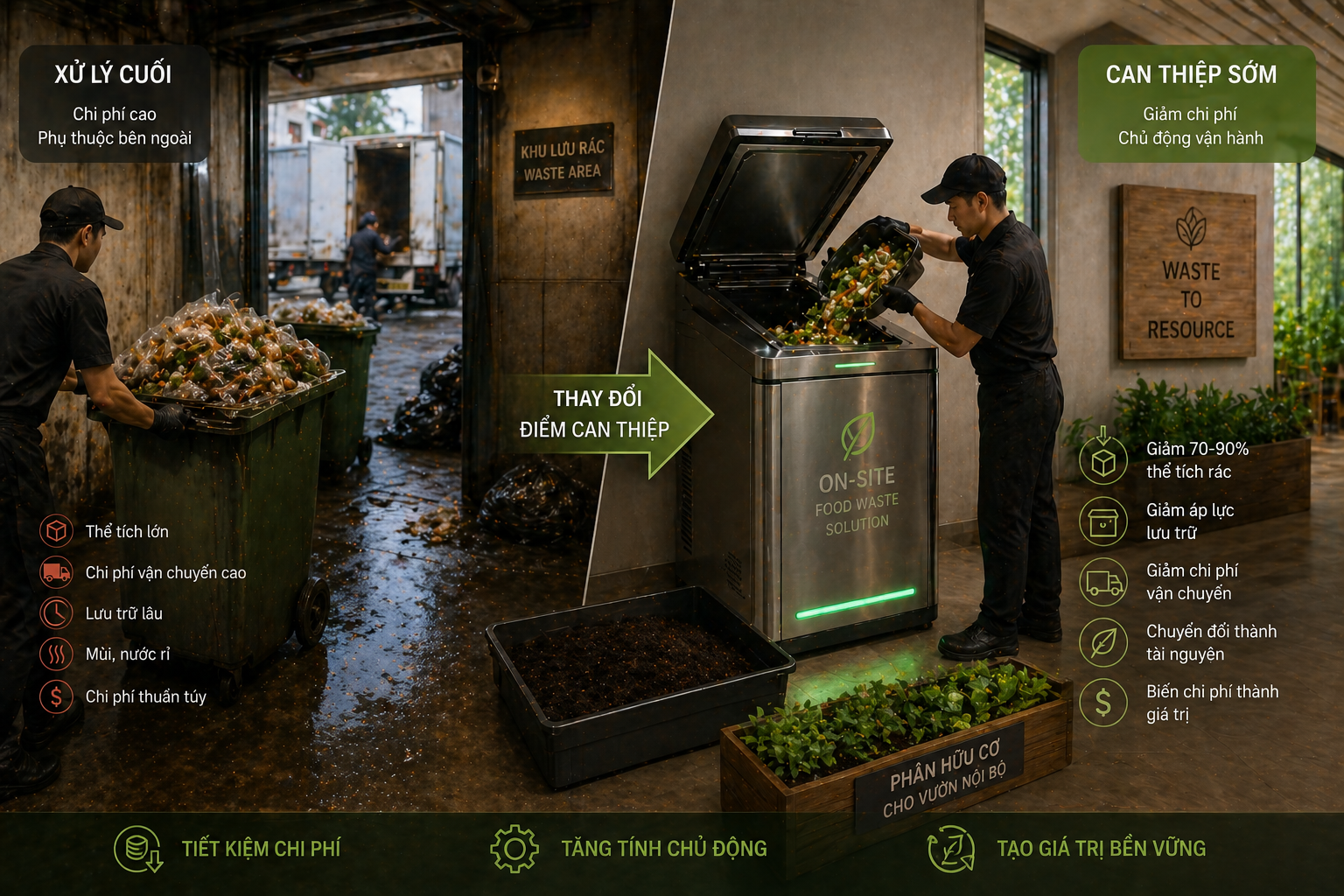 Xử lý food waste tại nguồn trong nhà hàng bằng giải pháp on-site giúp giảm thể tích rác và chi phí vận hành